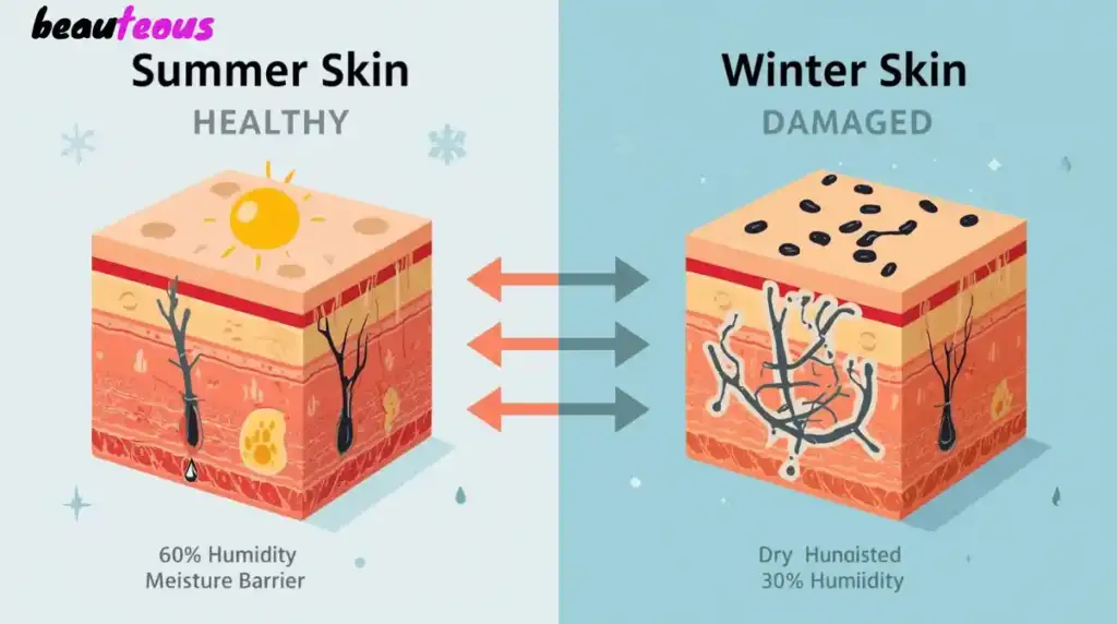 Winter skin care routine comparison showing healthy summer skin with 60% humidity and moisture barrier versus dry damaged winter skin with 30% humidity