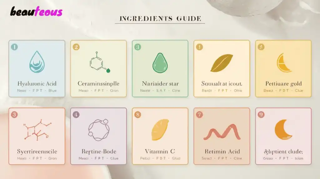 Essential winter skin care routine ingredients guide featuring hyaluronic acid, ceramides, niacinamide, squalane, peptides, and vitamin C for dry winter skin