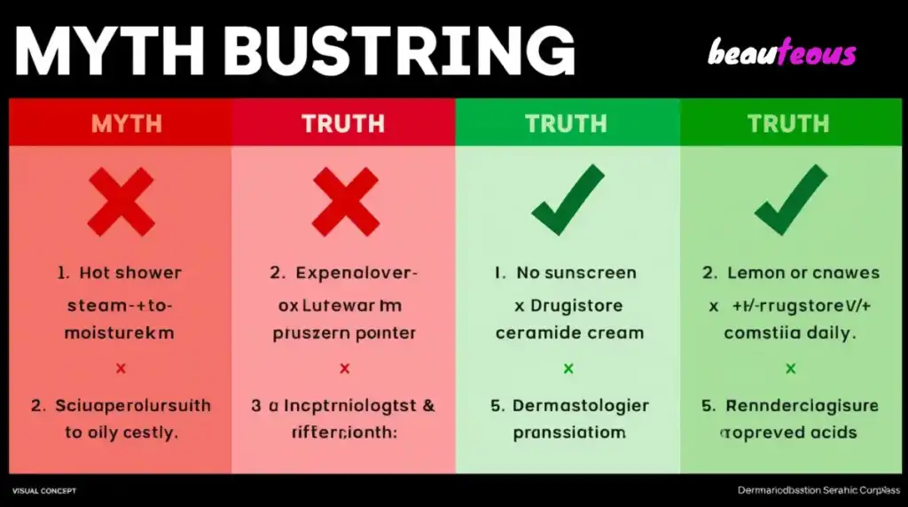 Winter skin care routine myth busting chart comparing common skincare myths versus facts about hot showers, moisturizers, sunscreen, and professional treatments