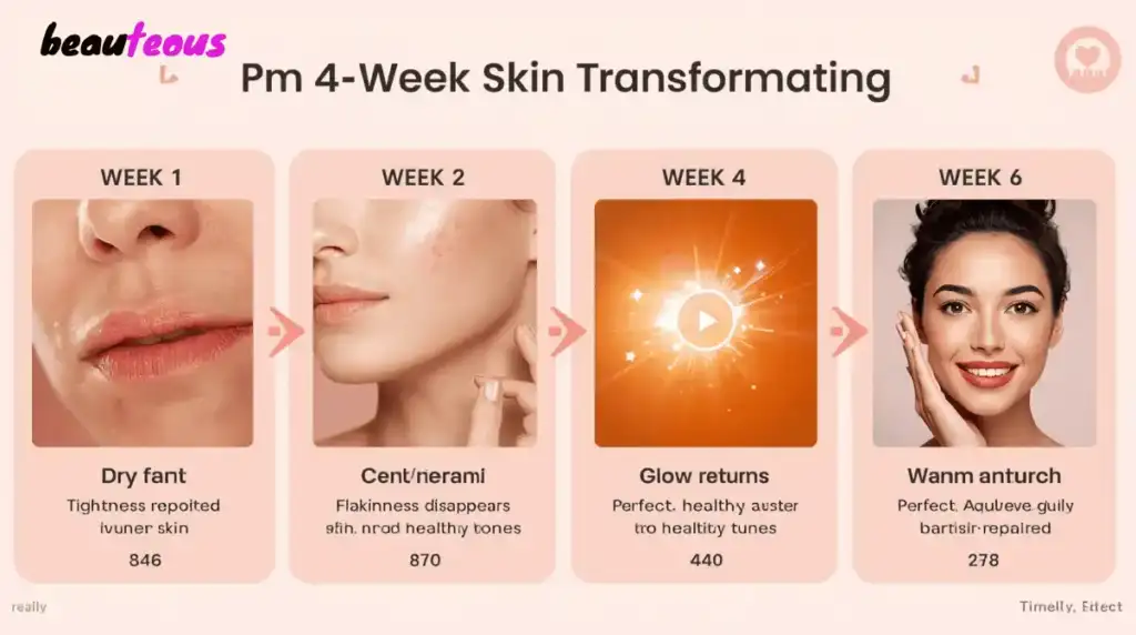 4-week winter skin care routine transformation timeline showing progress from dry flaky skin in week 1 to glowing healthy skin by week 6