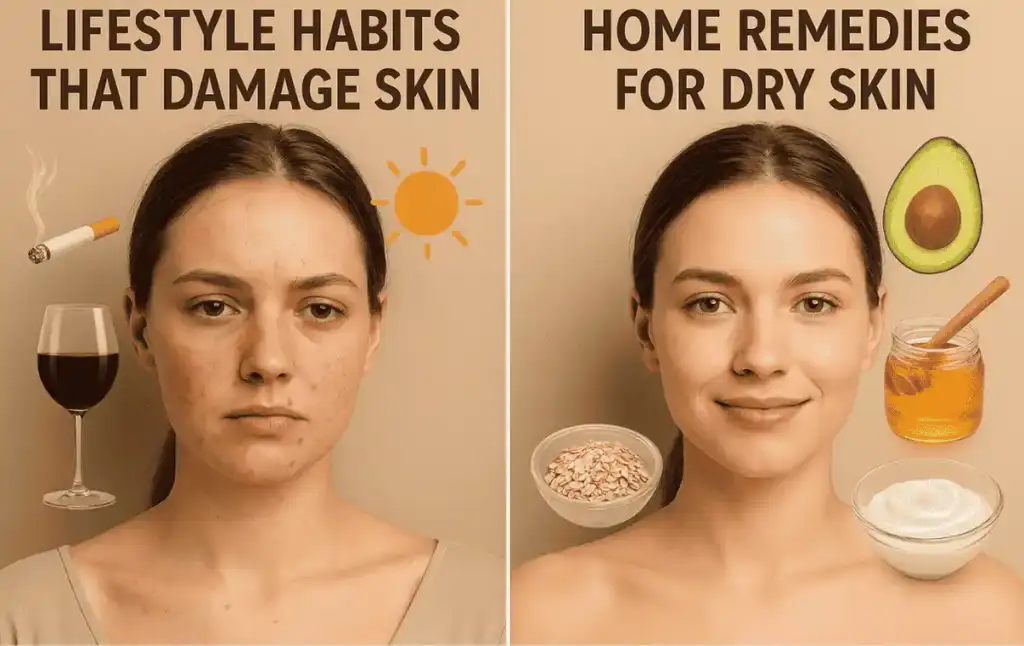 Lifestyle habits that damage skin versus Home Remedies for Dry Skin comparison smoking sun alcohol vs avocado honey oats yogurt
