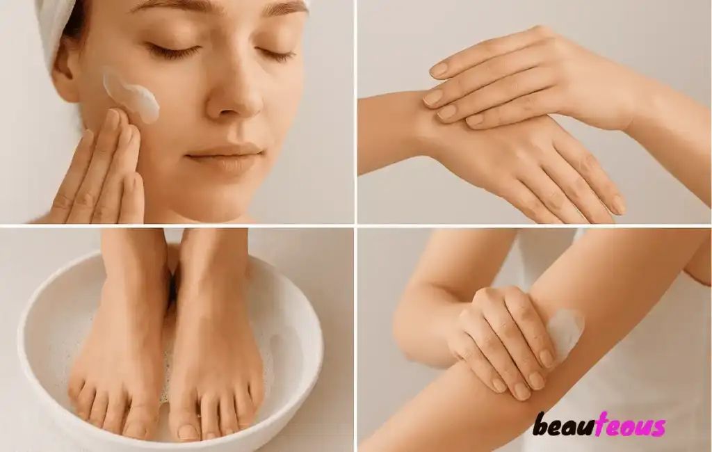 Home Remedies for Dry Skin specific body areas treatment face hands feet elbows moisturizer application four-panel guide