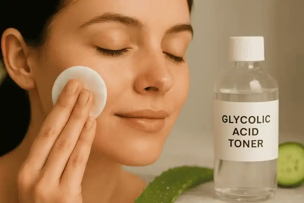 Woman applying glycolic acid toner with cotton pad for skincare for glowing skin exfoliation treatment with cucumber
