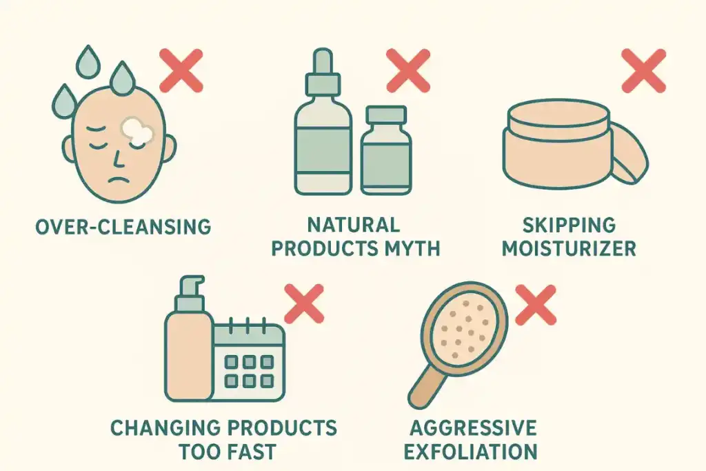 Common sensitive skin care at home mistakes including over-cleansing, natural products myth, skipping moisturizer, changing products too fast, and aggressive exfoliation"