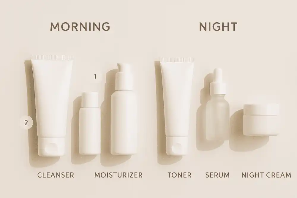 Step-by-step sensitive skin care at home routine with morning and night products including cleanser, moisturizer, toner, serum, and night cream