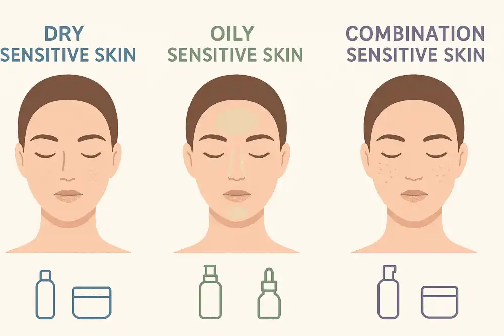 Sensitive skin care at home guide for dry, oily, and combination sensitive skin types with recommended product formulations