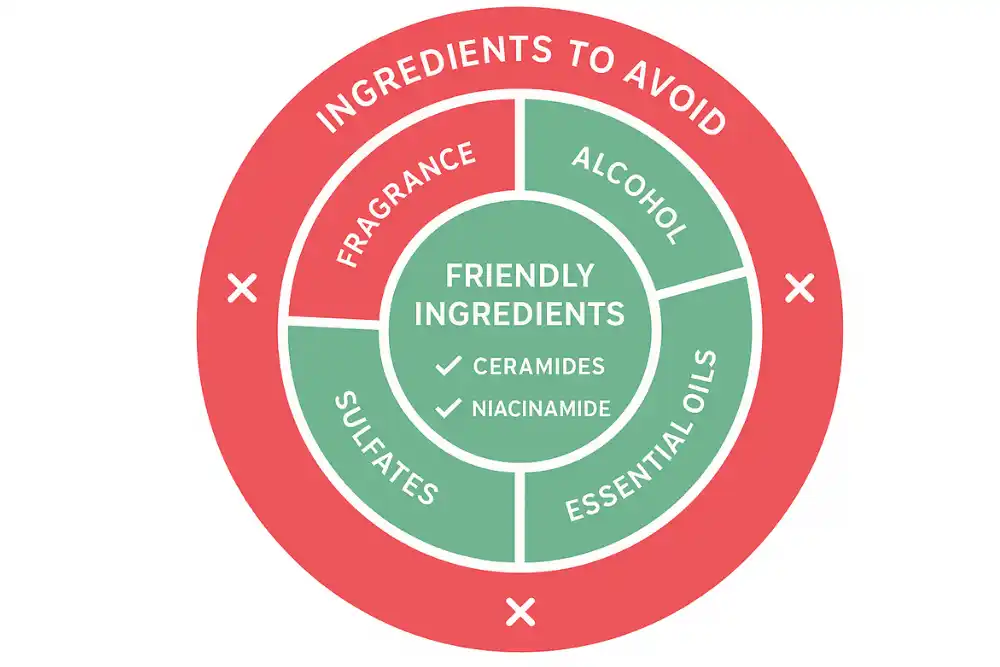 Sensitive skin care at home ingredients cheat sheet showing friendly options like ceramides and niacinamide versus irritants like fragrance and alcohol