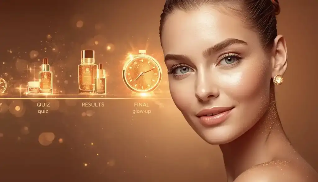 Woman with radiant glowing skin showing skin type test results journey from quiz to final glow-up with gold skincare products timeline