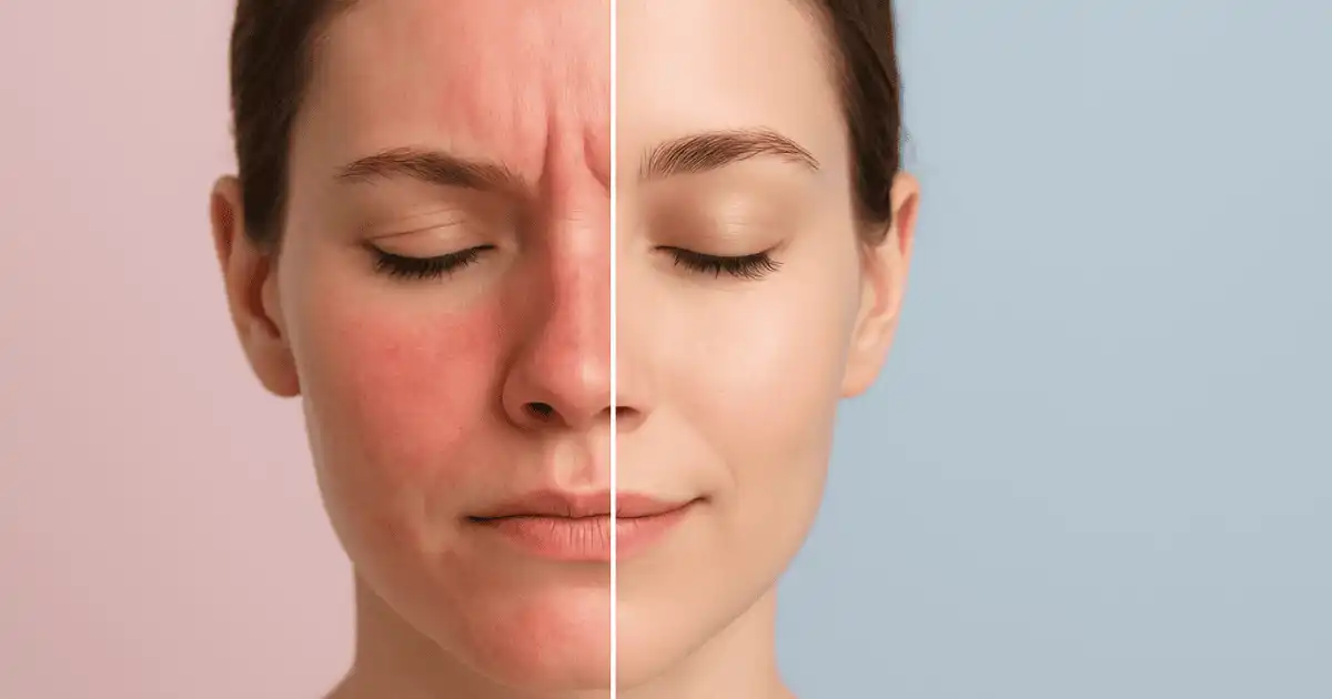 Before and after results of consistent sensitive skin care at home showing reduced redness, irritation, and inflammation on sensitive facial skin