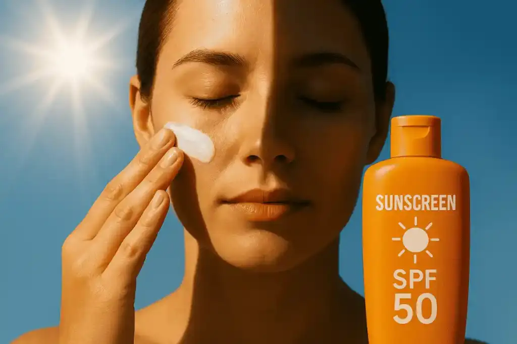 Daily sun protection SPF 50 sunscreen application essential for skincare for glowing skin routine under bright sunlight