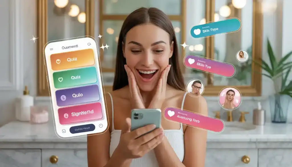 Excited woman taking free skin type test quiz on smartphone in bathroom with colorful quiz interface and skin type results floating around her