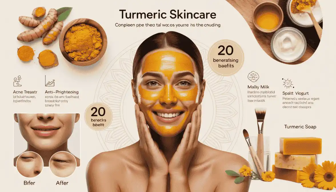 Complete guide to turmeric benefits for skin featuring 20 benefits, before-after results, DIY mask recipes, and natural skincare applications