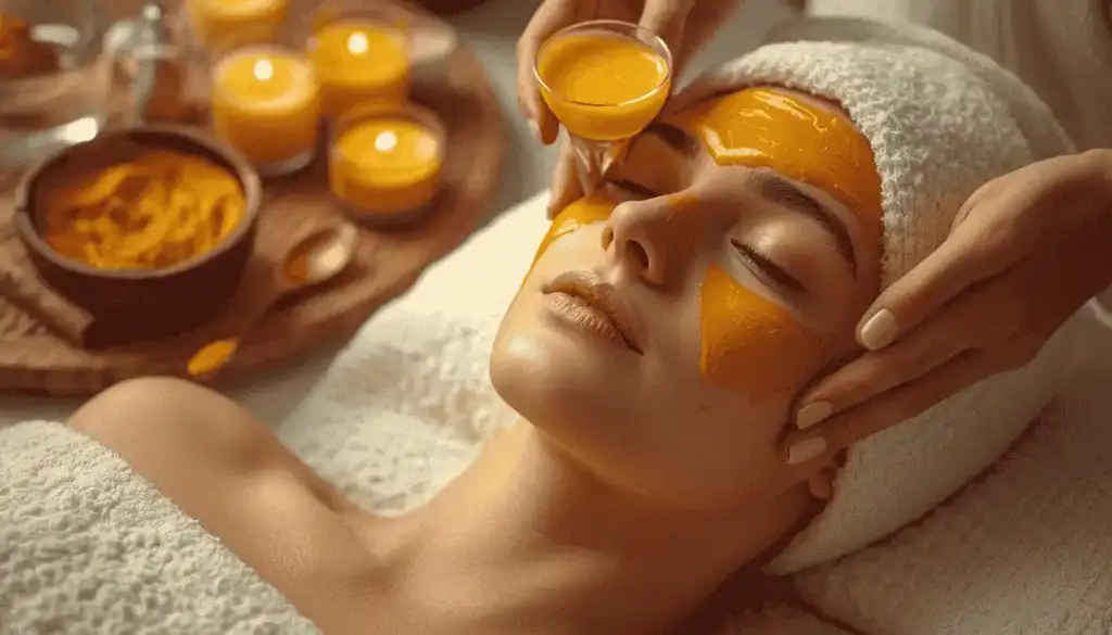 Professional spa treatment demonstrating turmeric benefits for skin with golden face mask application and natural wellness ingredients
