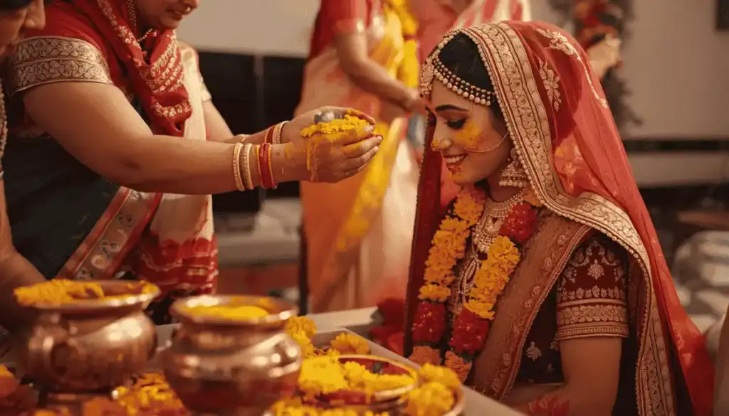 Traditional haldi ceremony celebrating cultural turmeric benefits for skin with bride receiving pre-wedding turmeric paste application
