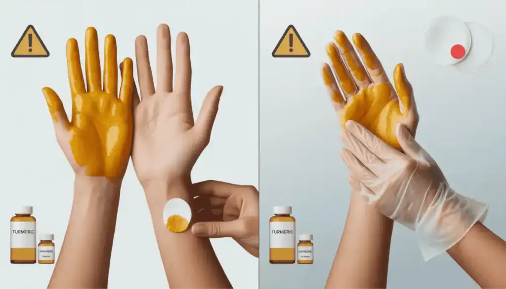 Safety precautions and potential side effects of turmeric benefits for skin with patch test demonstration and allergy warnings