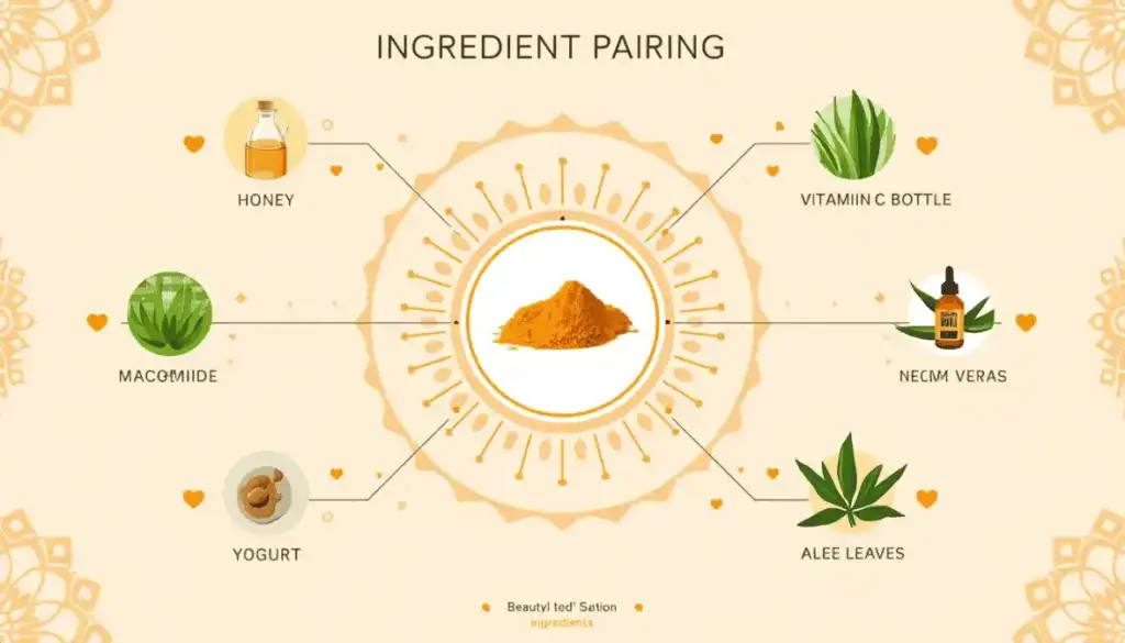 Ingredient pairing chart for maximizing turmeric benefits for skin with honey, yogurt, aloe vera, vitamin C, and neem combinations