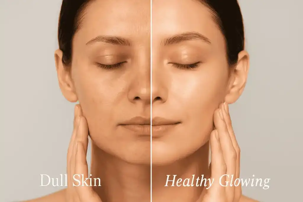Before and after comparison showing dull skin versus healthy glowing skin transformation from proper skincare for glowing skin routine