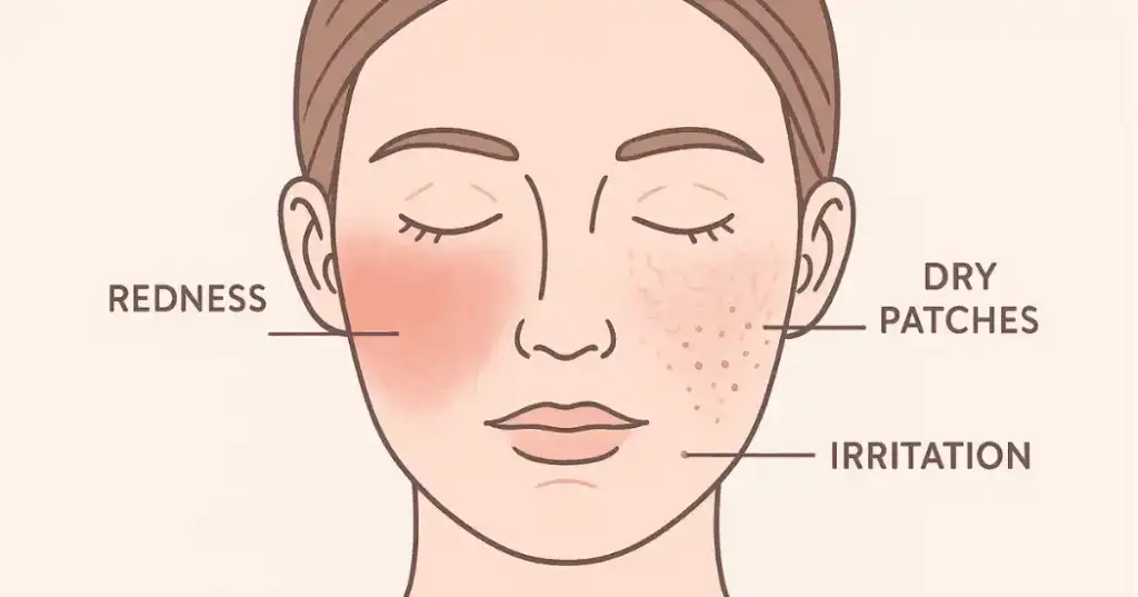 What is sensitive skin showing common symptoms for sensitive skin care at home including redness, dry patches, and irritation signs