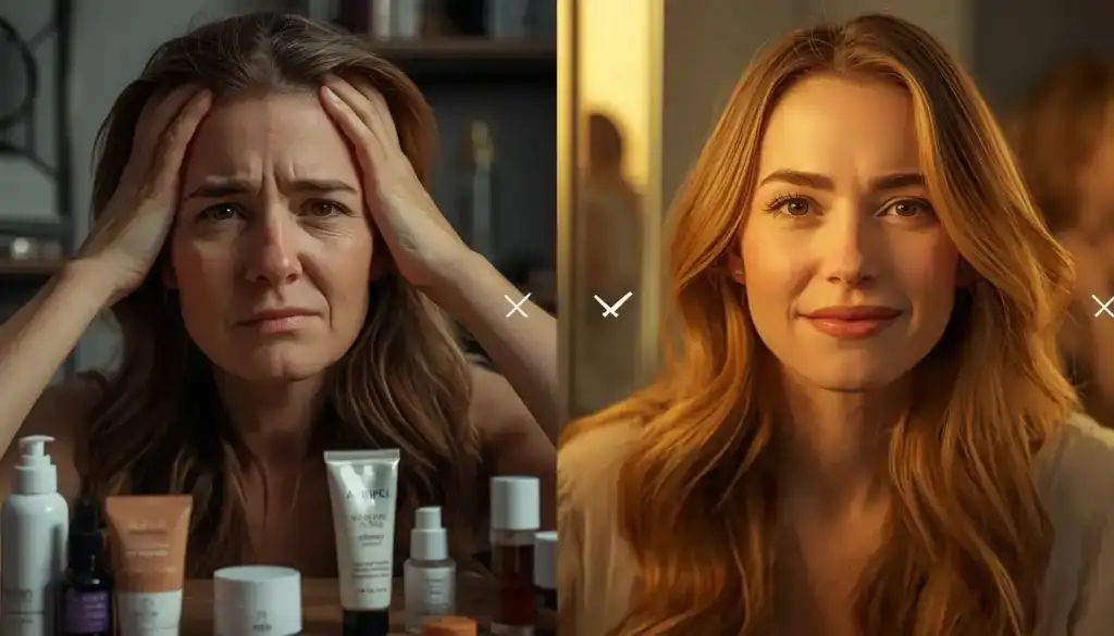 Before and after transformation showing why skin type test matters — frustrated woman with wrong products vs confident woman with glowing clear skin