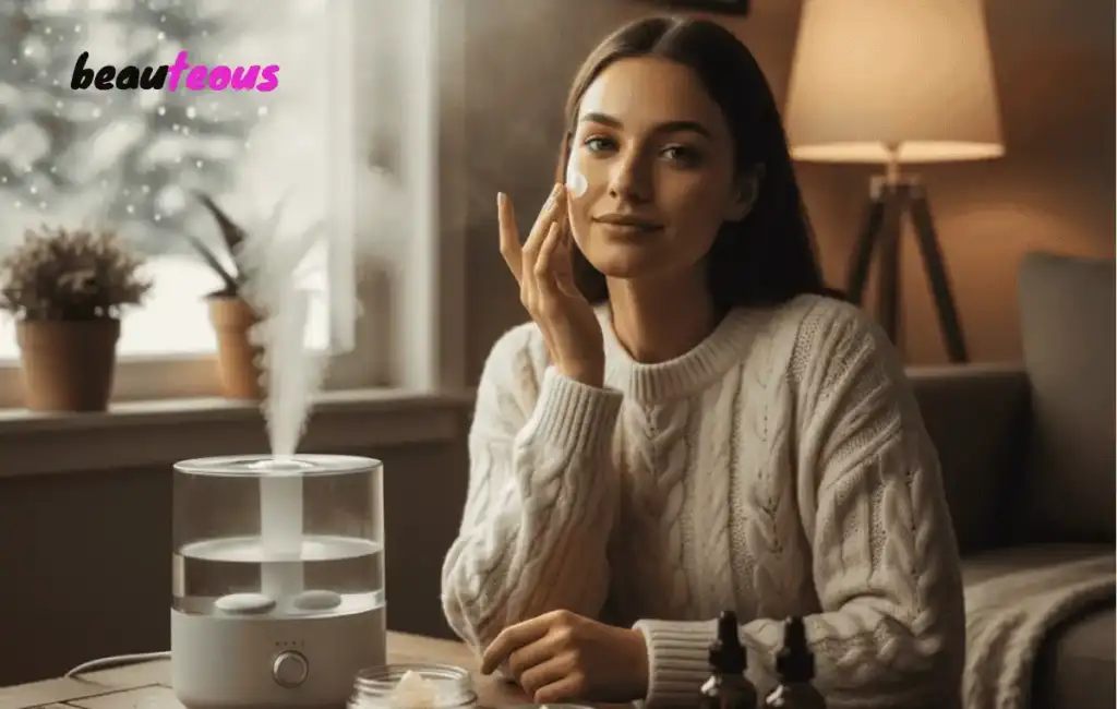 Winter Home Remedies for Dry Skin treatment woman applying moisturizer with humidifier cozy indoor setting snowy window